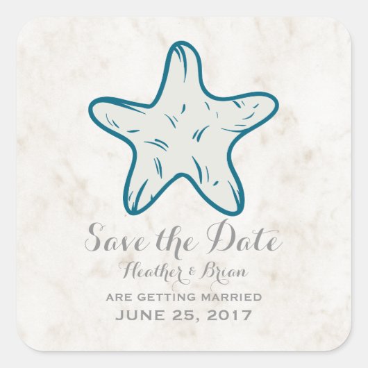 Royal Blue Rustic Starfish Save the Date Vierkante Sticker (Voorkant)