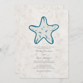 Royal Blue Rustic Starfish Wedding Invite Kaart