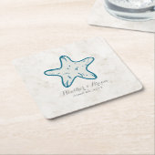 Royal Blue Rustic Starfish Wedding Vierkante Kartonnen Onderzetter (Schuin)