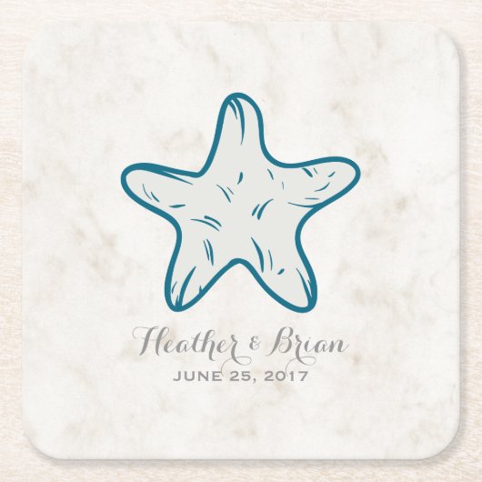 Royal Blue Rustic Starfish Wedding Vierkante Kartonnen Onderzetter (Voorkant)