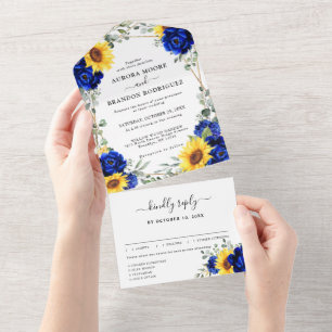 Royal Blue Rustic Sunflower Geometric Wedding All In One Uitnodiging