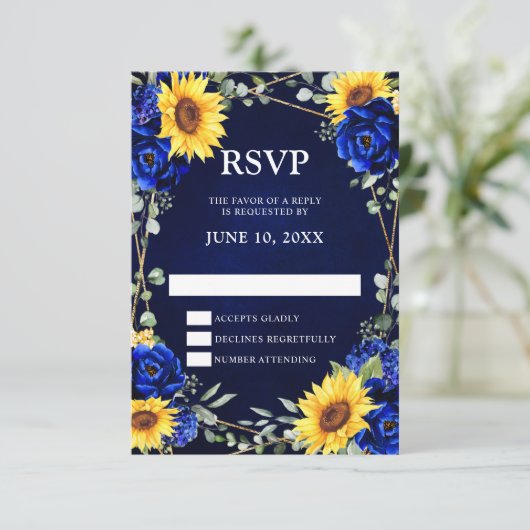 Royal Blue Rustic Sunflower Geometric Wedding RSV RSVP Kaartje (Staand voorkant)