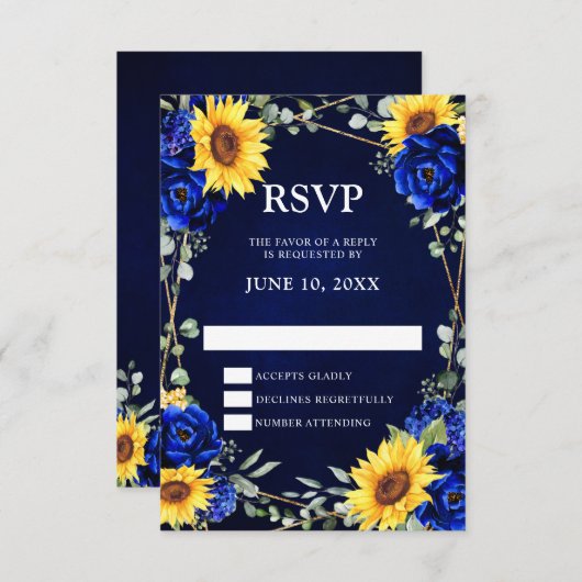 Royal Blue Rustic Sunflower Geometric Wedding RSV RSVP Kaartje (Voorkant / Achterkant)
