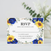 Royal Blue Rustic Sunflower Geometric Wedding RSVP Kaartje (Staand voorkant)