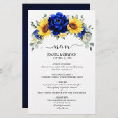 Royal Blue Rustic Sunflower Menu Mariage moderne (Devant / Derrière)