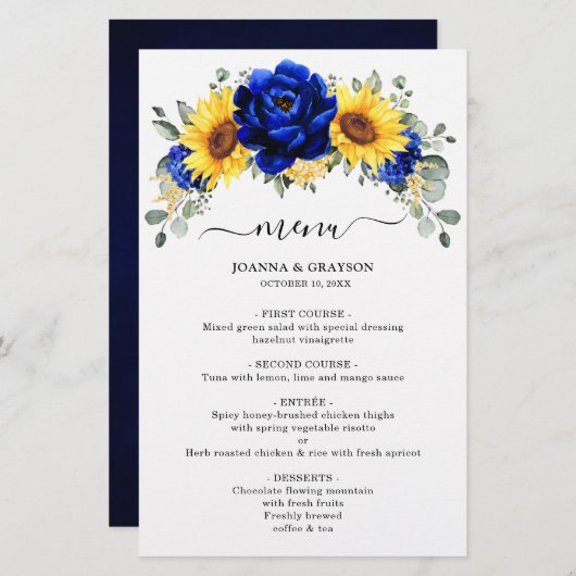 Royal Blue Rustic Sunflower Menu Mariage moderne (Devant / Derrière)