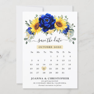 Royal Blue Rustic Sunflower Modern Floral kalender Save The Date