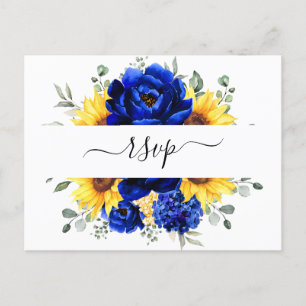 Royal Blue Rustic Sunflower Modern Floral RSVP Briefkaart