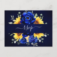 Royal Blue Rustic Sunflower Modern Floral RSVP Pos