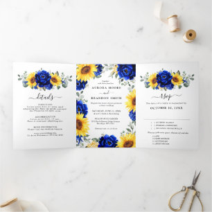 Royal Blue Rustic Sunflower Modern Floral Wedding Drieluik Aankondiging