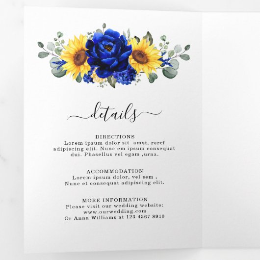 Royal Blue Rustic Sunflower Modern Floral Wedding Drieluik Aankondiging (Binnenzijde eerst)