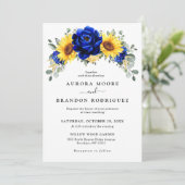 Royal Blue Rustic Sunflower Modern Floral Wedding Kaart (Staand voorkant)