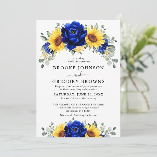 Royal Blue Rustic Sunflower Modern Floral Wedding Kaart (Staand voorkant)