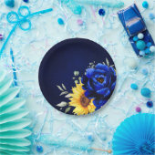 Royal Blue Rustic Sunflower Modern Floral Wedding Papieren Bordje (Feest)