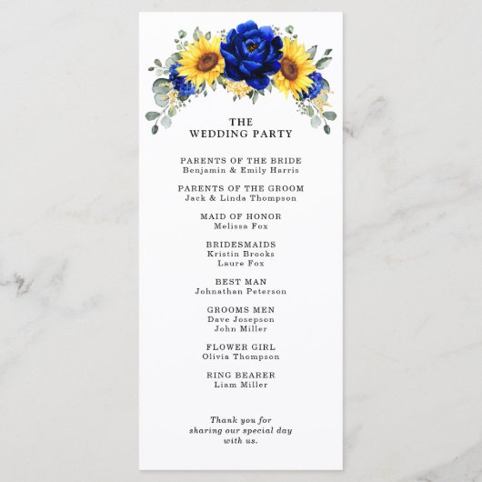 Royal Blue Rustic Sunflower Modern Floral Wedding Programma (Achterkant)