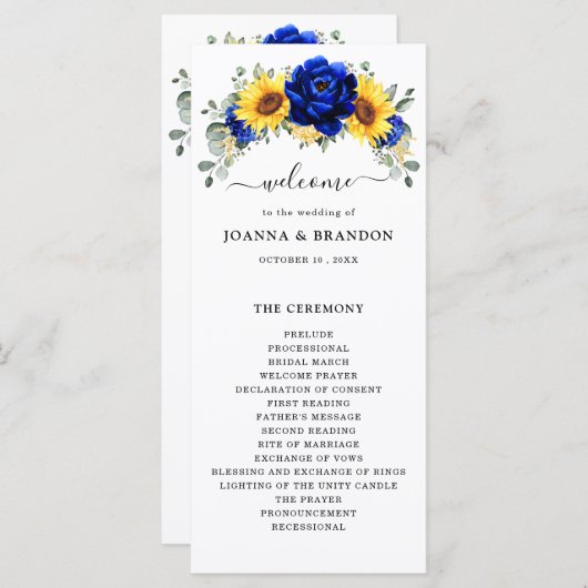 Royal Blue Rustic Sunflower Modern Floral Wedding Programma (Voorkant / Achterkant)