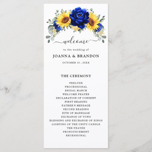 Royal Blue Rustic Sunflower Modern Floral Wedding Programma (Voorkant)