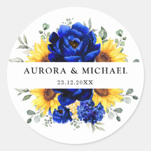 Royal Blue Rustic Sunflower Modern Floral Wedding Ronde Sticker