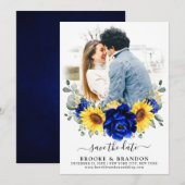 Royal Blue Rustic Sunflower Modern Floral Wedding Save The Date (Voorkant / Achterkant)