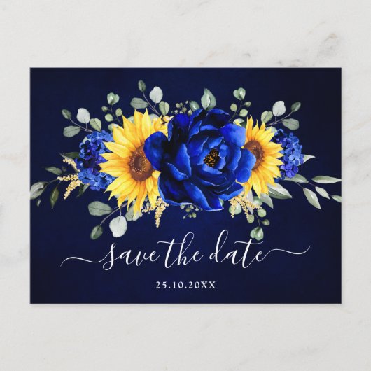 Royal Blue Rustic Sunflower Modern Save the Date P Briefkaart (Voorkant)