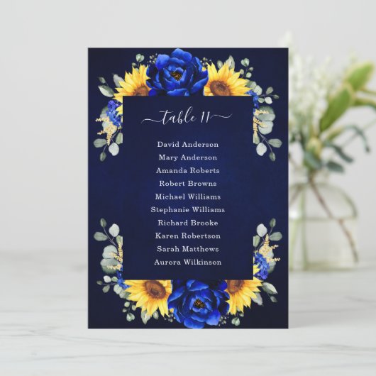 Royal Blue Rustic Sunflower Modern Seating Chart I Kaart (Staand voorkant)