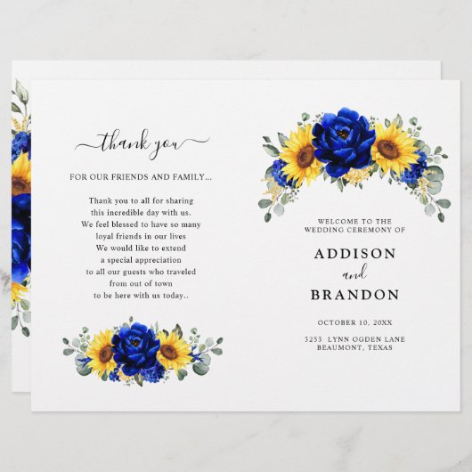 Royal Blue Rustic Sunflower Modern Wedding Program (Voorkant / Achterkant)