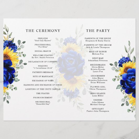 Royal Blue Rustic Sunflower Modern Wedding Program (Achterkant)