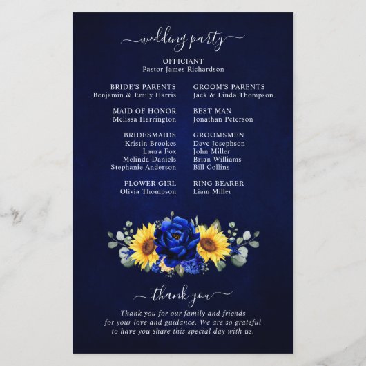 Royal Blue Rustic Sunflower Modern Wedding Program (Achterkant)