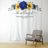 Royal Blue Rustic Sunflower Modern Wedding Tapestr Wandkleed (In situ)