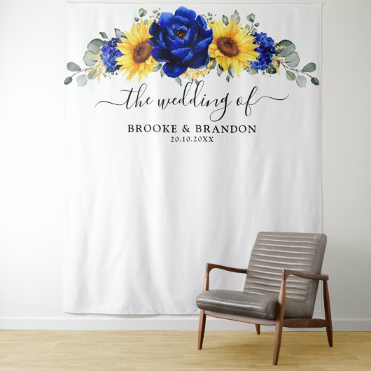 Royal Blue Rustic Sunflower Modern Wedding Tapestr Wandkleed (In situ)