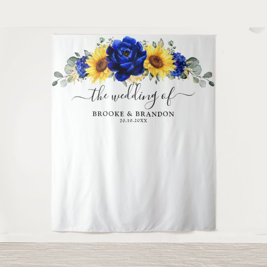 Royal Blue Rustic Sunflower Modern Wedding Tapestr Wandkleed (Voorkant)
