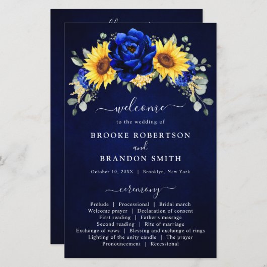 Royal Blue Rustic Sunflower Programme de mariage m (Devant / Derrière)