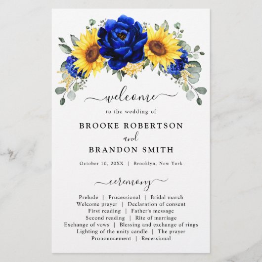 Royal Blue Rustic Sunflower Programme de mariage m (Devant)