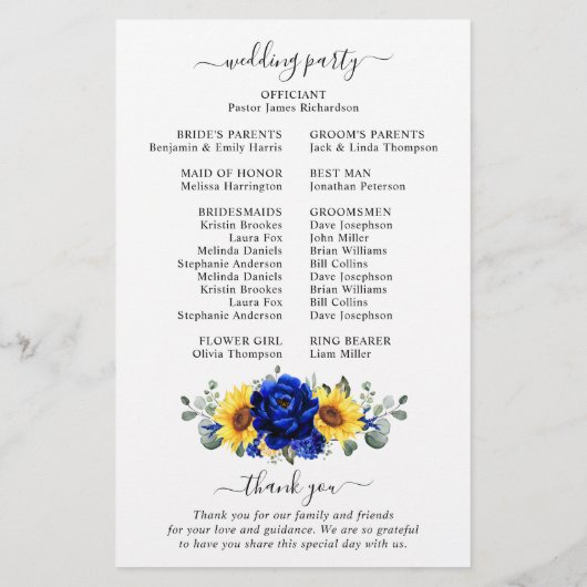 Royal Blue Rustic Sunflower Programme de mariage m (Dos)