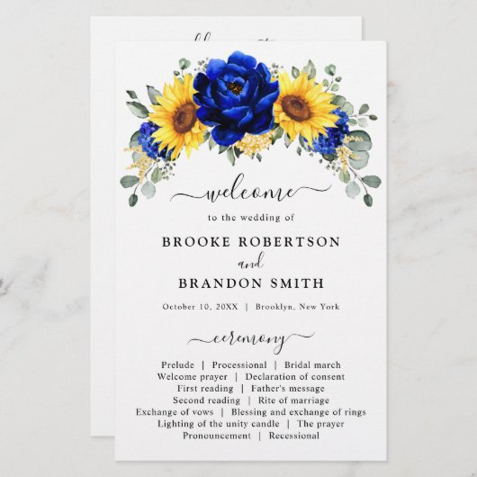 Royal Blue Rustic Sunflower Programme de mariage m (Devant / Derrière)