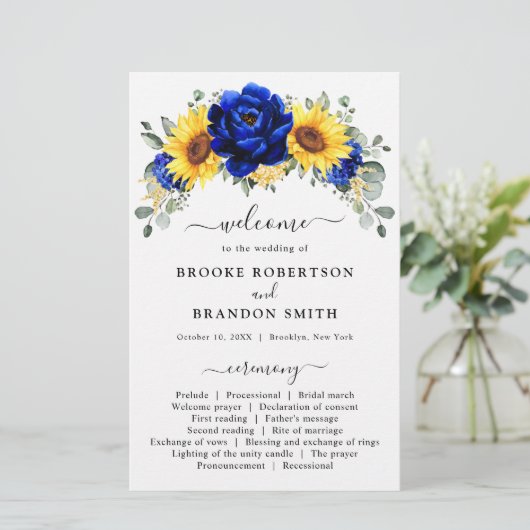 Royal Blue Rustic Sunflower Programme de mariage m (Debout devant)