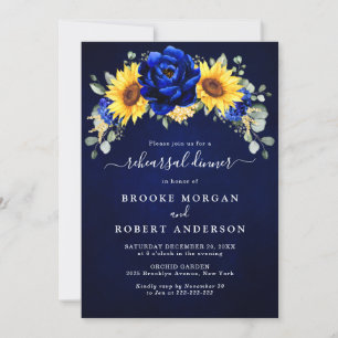 Royal Blue Rustic Sunflower Rehearsal Dinner Invit Kaart