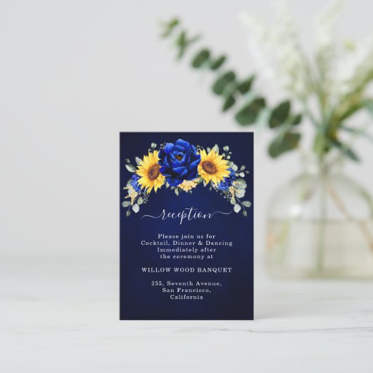 Royal Blue Rustic Sunflower Wedding Reception Encl Informatiekaartje (Staand voorkant)