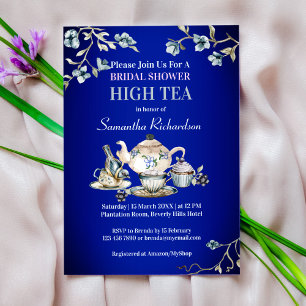 Royal blue rustige waterverf high tea kaart