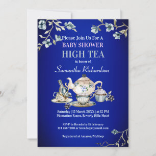 Royal blue  rustige waterverf high tea kaart