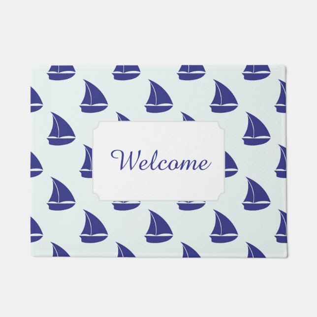Royal Blue Sailboat Pattern | Jouw tekst toevoegen Deurmat (Voorkant)