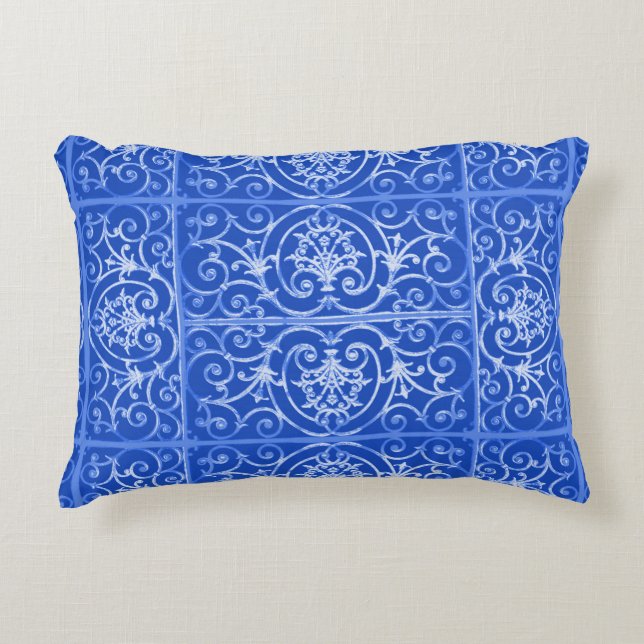 Royal blue scrollwork-patroon accent kussen (Voorkant)