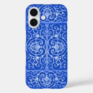 Royal blue scrollwork-patroon iPhone 16 hoesje