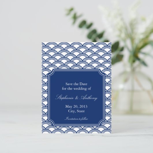Royal Blue Seigaiha Pattern Wedding Save the Date Aankondigingskaart (Staand voorkant)