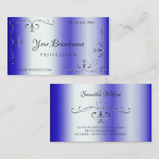 Royal Blue Shimmery Silver Corner Border Visitekaartje (Voorkant / Achterkant)