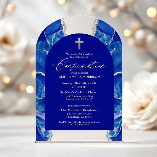 Royal Blue Silver Agaat bevestiging Modern Acryl Uitnodigingen