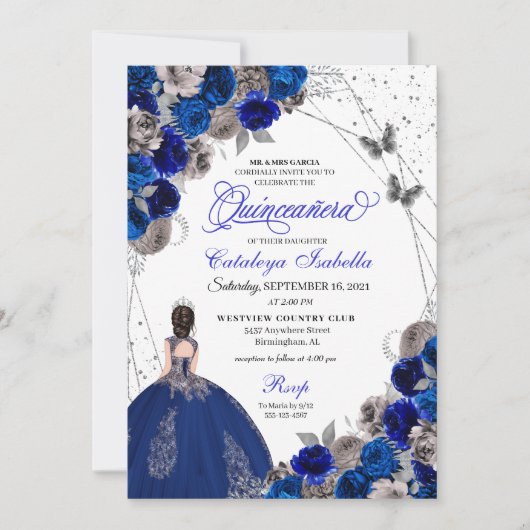 Royal Blue Silver Butterfly Princess Quinceanera Kaart (Voorkant)