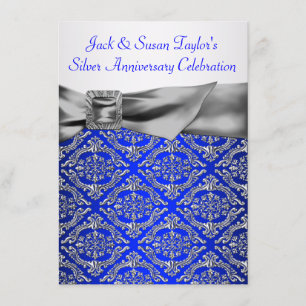 Royal Blue Silver Damask Silver 25th Jubileum Kaart