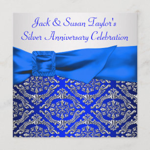 Royal Blue Silver Damask Silver 25th Jubileum Kaart
