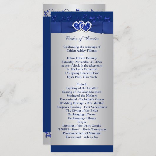 Royal Blue, Silver Floral Hearts Programme de mari (Devant / Derrière)